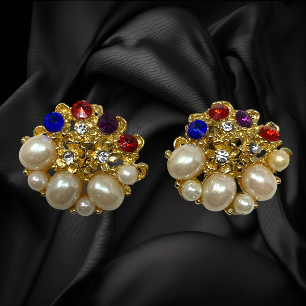 Vintage 1980s Pearl Cabochon Multicolor Crystal Clip On Button Earrings Couture